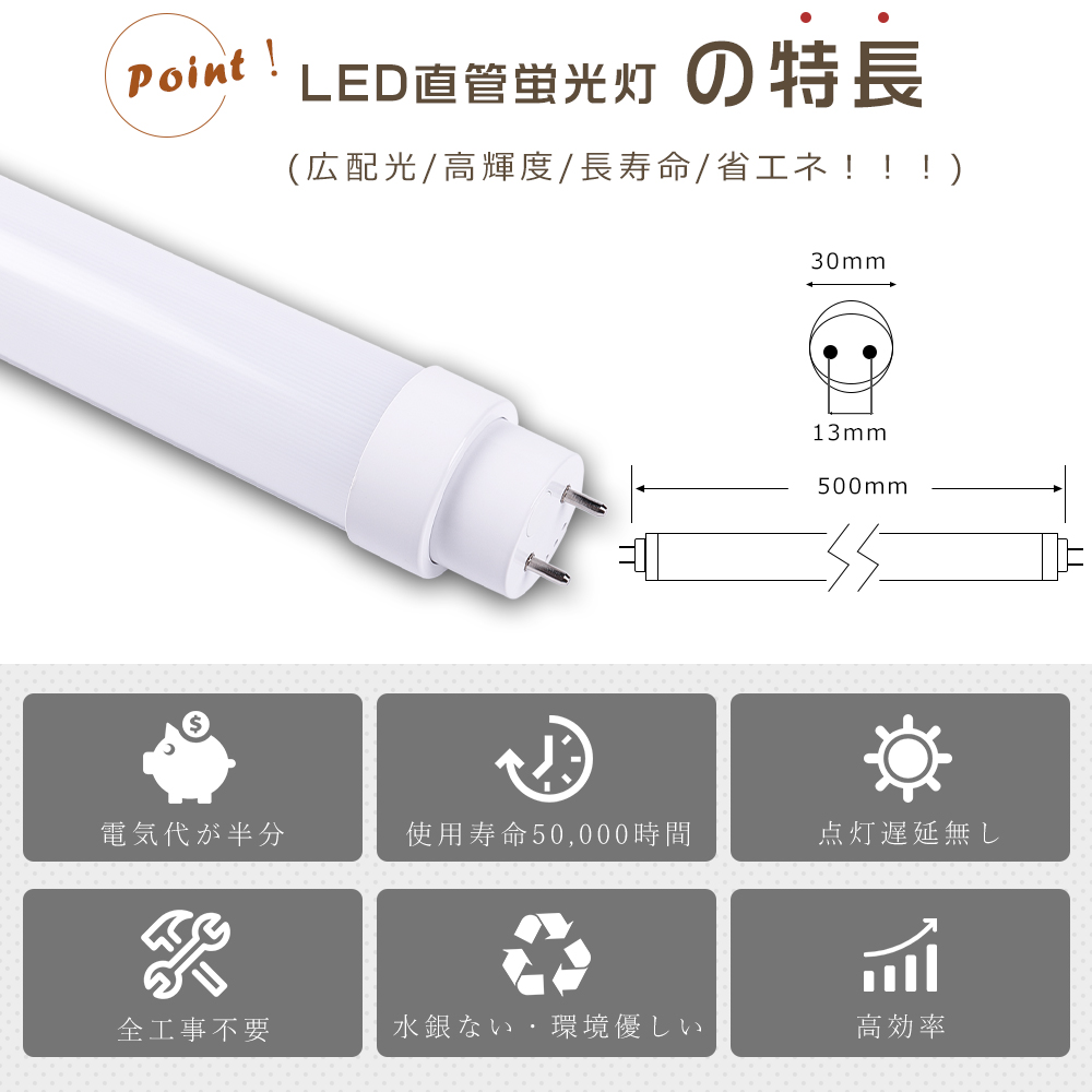 全工事不要 LED蛍光灯 18W形 直管 50CM グロー式 インバーター式