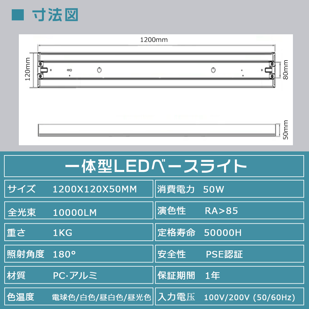 LEDベースライト 40W形 器具一体型 昼白色 5000K 長さ1200mm 消費電力