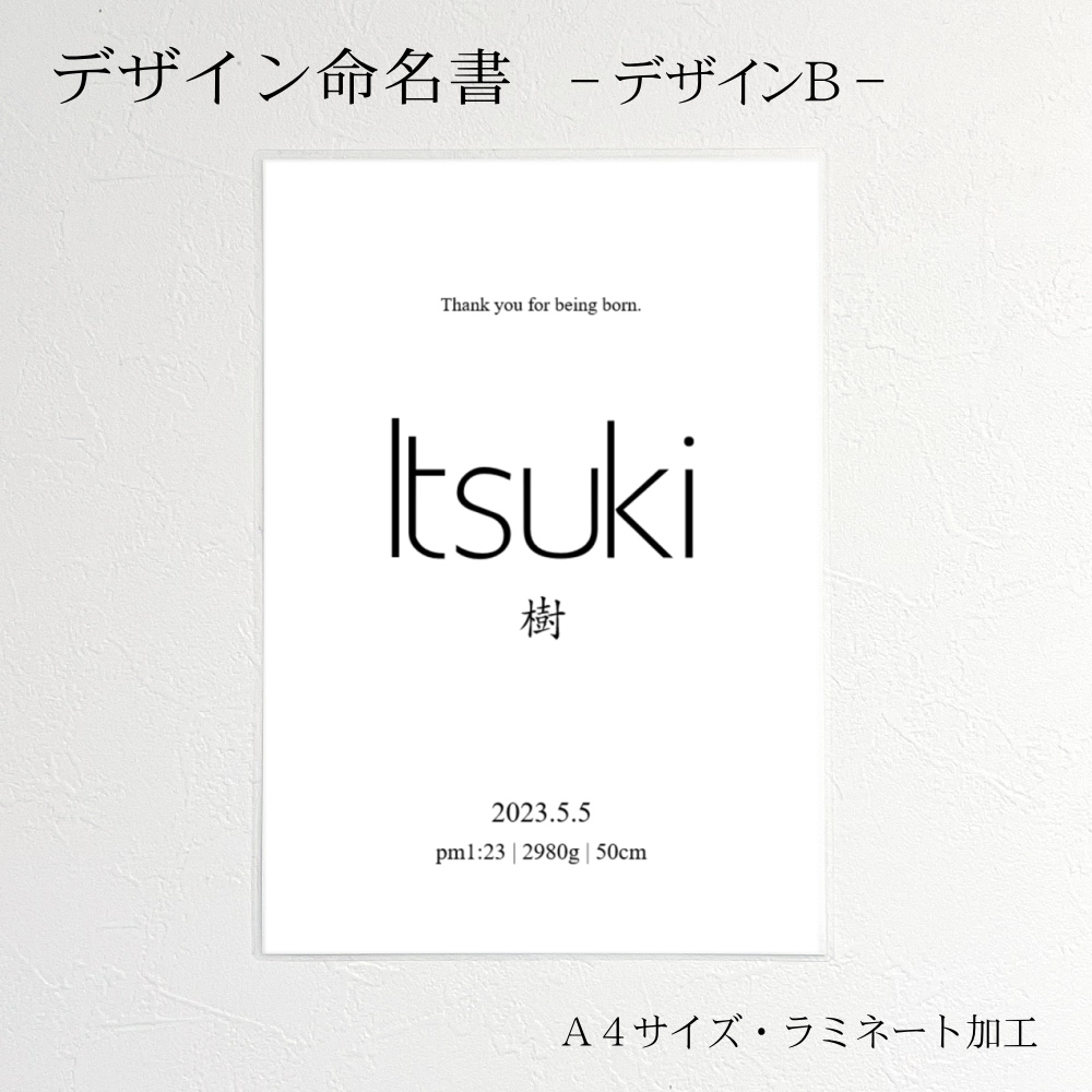 デザイン命名書 男の子（SPL-SELECT7） ローマ字 シンプル つやなしマット紙（厚手）命名紙 A4 ラミネート 名前入れ かわいい  送料無料(メール便)