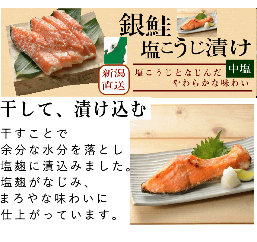 銀鮭 塩こうじ漬け3切 ki-392...１切ずつ真空干して 漬込む 銀鮭塩麹漬け 漬魚 鮭 切り身 サーモン 味噌漬け 冷凍でお届け  :ki-355:本造り鮭の新潟たけうち - 通販 - Yahoo!ショッピング