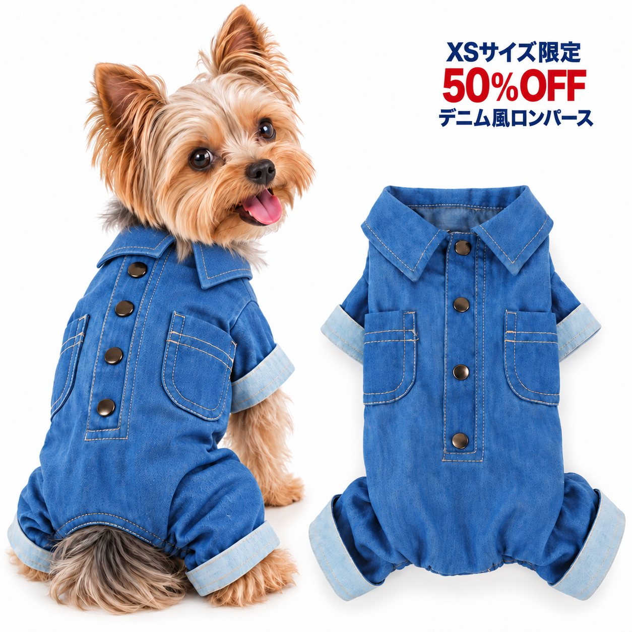 X犬服 ロンパース デニム風 つなぎ 四脚 ドッグウェア XS 小型犬 背中