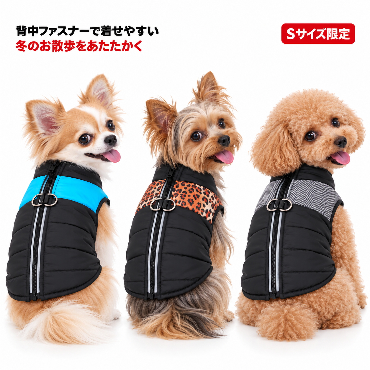 犬服 冬 小型犬 Sサイズ限定 ハーネス一体型 中綿ベスト 背開き 防水