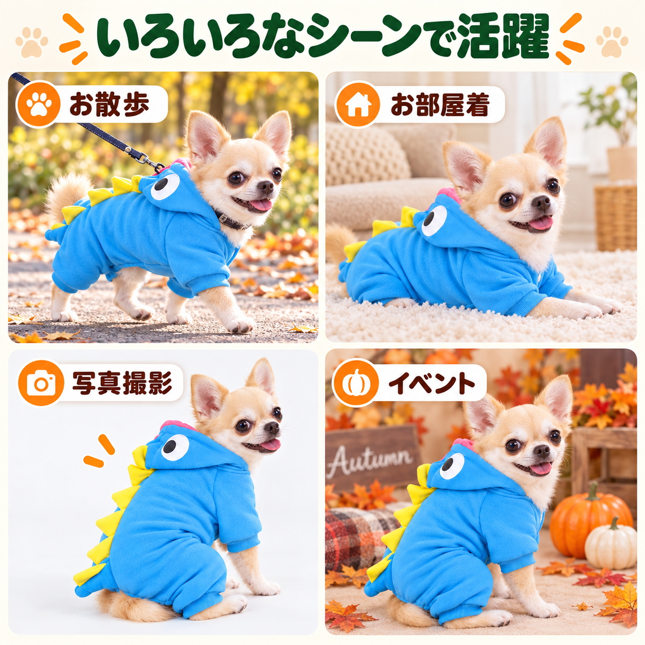 犬服 冬 犬用ロンパース 裏起毛 恐竜 フード付き 防寒 ドッグウェア