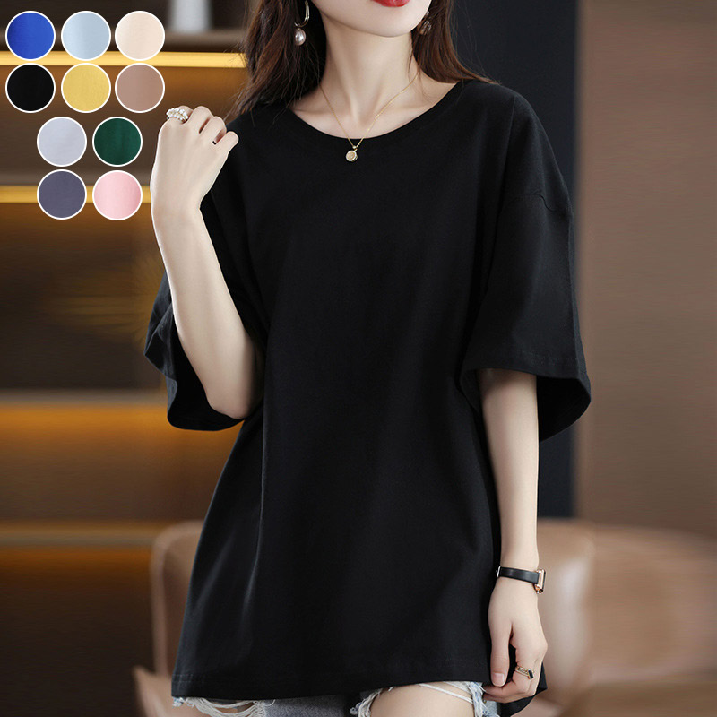 92%OFF!】-Tシャツ トップス 半袖 •汗対策 汗染み防止 バスク ビッグT カットソー 無地 お洒落 夏用 クルーネック 大•人気  ビッグシルエット レディース M A4