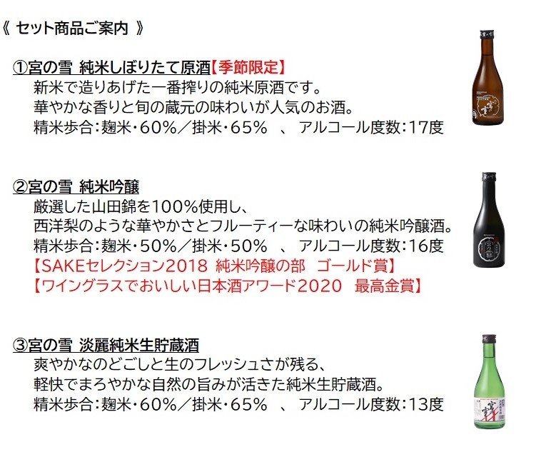 宮の雪 日本酒 純米 飲みくらべ 300ml 3本セット限定品 家飲み 宅飲み