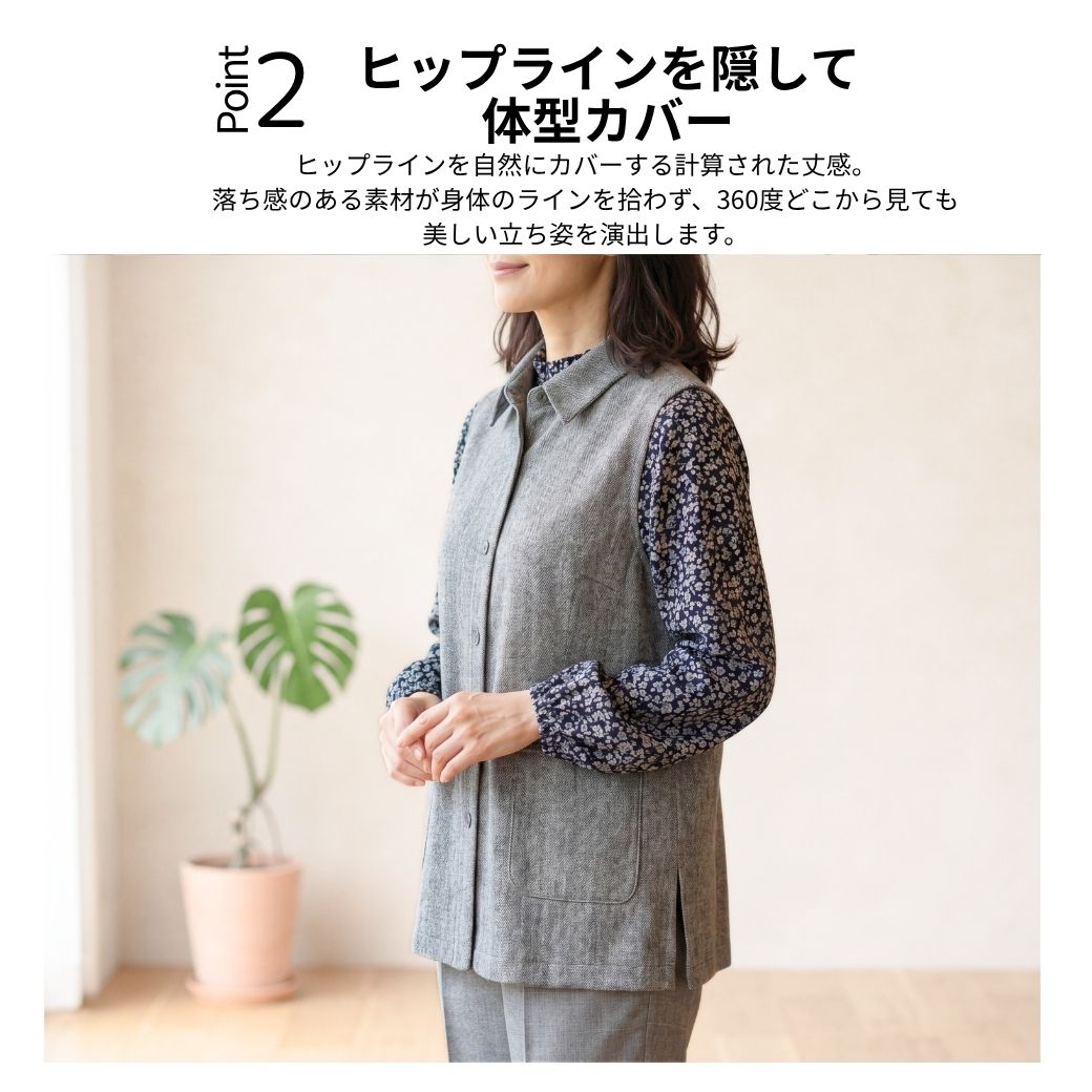 シニア レディース ベスト 前開き チュニックベスト 大きいサイズ M L 
