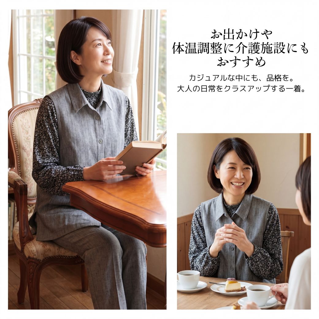 シニア レディース ベスト 前開き チュニックベスト 大きいサイズ M L