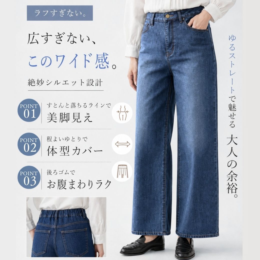 ワイドパンツ レディース 股下68cm 後ろゴム 体型カバー デニム 麻混