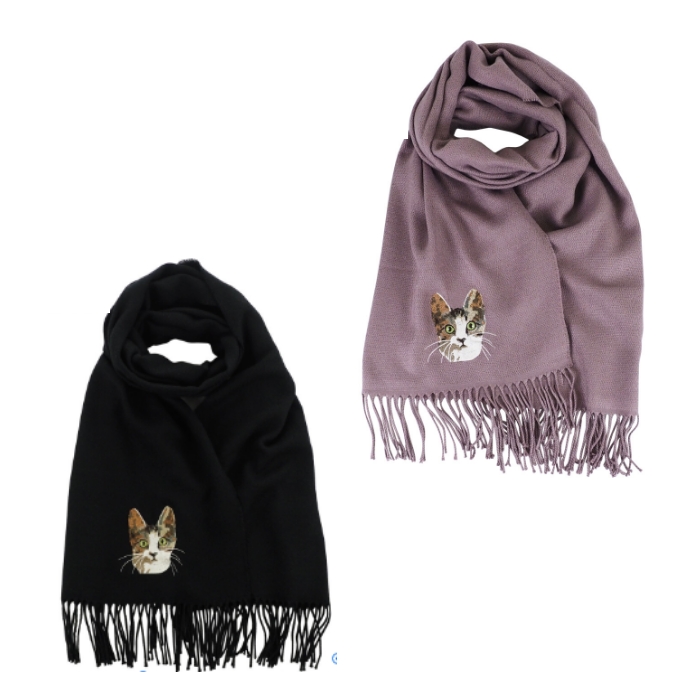 猫柄 刺繍ストール ねこ柄 秋冬 マフラー ルナジュメイル Lune