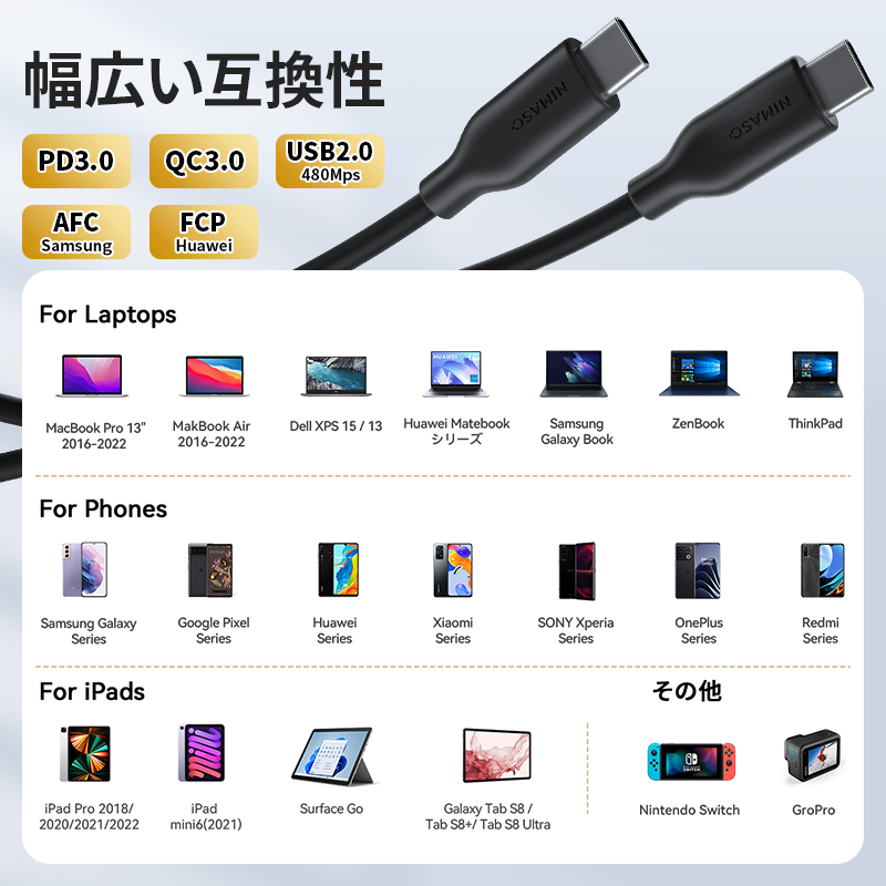 NIMASO iPhone15 Type-C To Type-C USB2.0  60w 急速充電ケーブルシリコン 0.3m 1m 2m  モバイルバッテリー対応 高速  在宅｜nimaso｜04