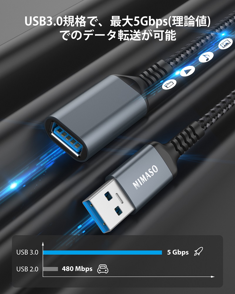 NIMASO USB 延長ケーブル 1m 2m 3m USB3.0 タイプAオス - タイプAメス USB延長 コード 最大5Gbps 最大5V/3A信号伝送 外付けHDD｜nimaso｜09