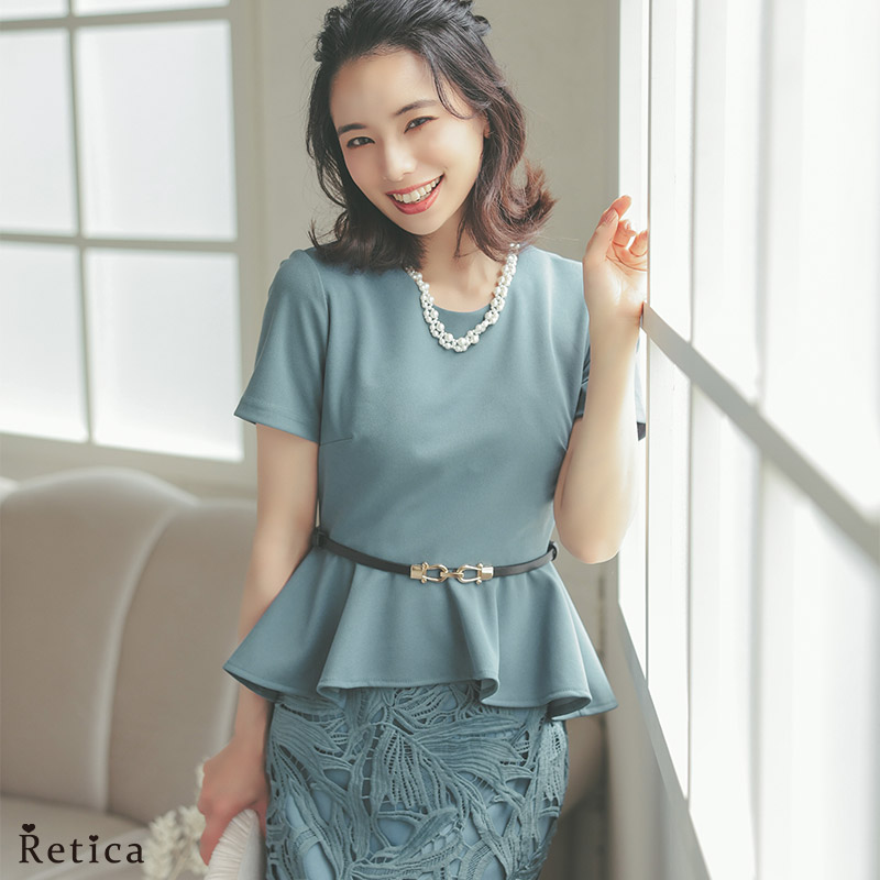 ワンピース 結婚式 ペプラム きれいめ ベルト付 半袖 春 上品 Retica 結婚式 服装 パーティー 大きいサイズ ワンピース 半袖