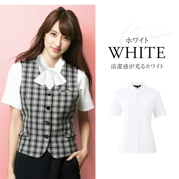 新品！アンジョア　半袖事務服 スカート セット ラメ リボン 日本製 事務服 制服 en joie アンジョア オーバーブラウス[リボン付