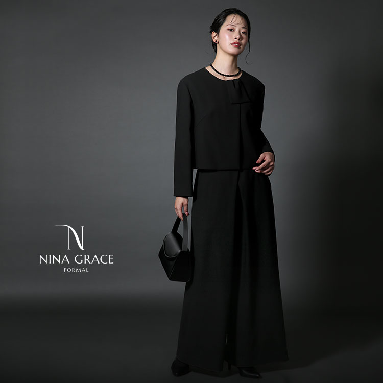 【大地真央さん ドラマ着用】 喪服 レディース ブラックフォーマル パンツスーツ 礼服 ロング丈 洗える 大きいサイズ パンツ 黒 フォーマル 50代 60代 NGR-5011の画像