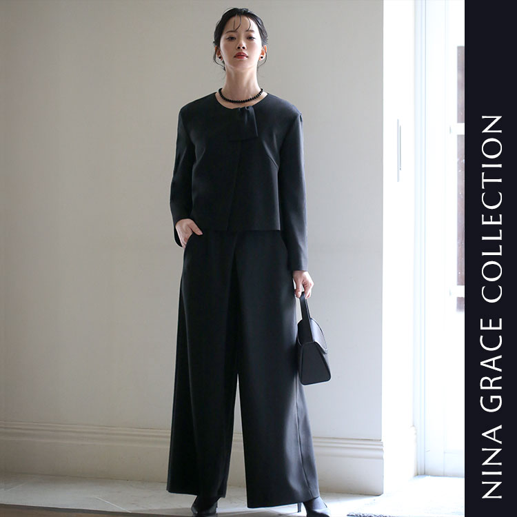 【大地真央さん ドラマ着用】 喪服 レディース ブラックフォーマル パンツスーツ 礼服 ロング丈 洗える 大きいサイズ パンツ 黒 フォーマル 50代 60代 NGR-5011の画像