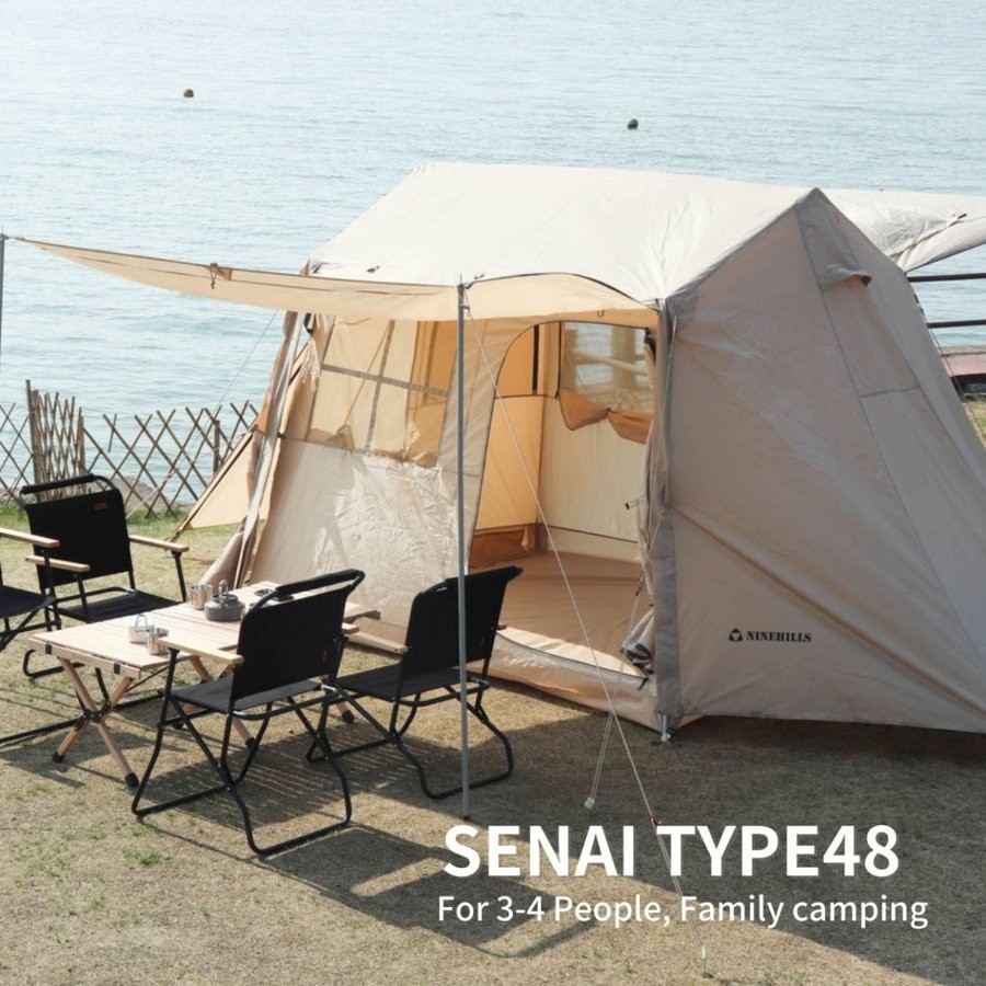NINEHILLS ロッジテント SENAI48 サンド 2人用 4人用 アウトドア 設営簡単 小屋型テント 一体型フレームキャンプテント サンドカラー｜ninehills