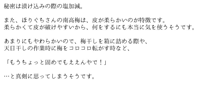 天日干し作業中は、「もうちょっとかたくてもええんやで！」と思ってしまうほどに皮が柔らかいそうです。