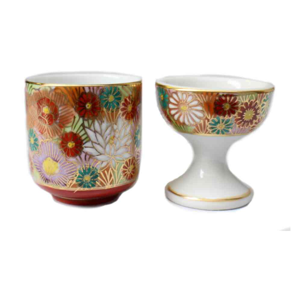 九谷焼　陶器 花瓶 2点セット 仏具セット 湯呑 仏器 2点セット 九谷焼 本金花詰・赤 本金花詰・青