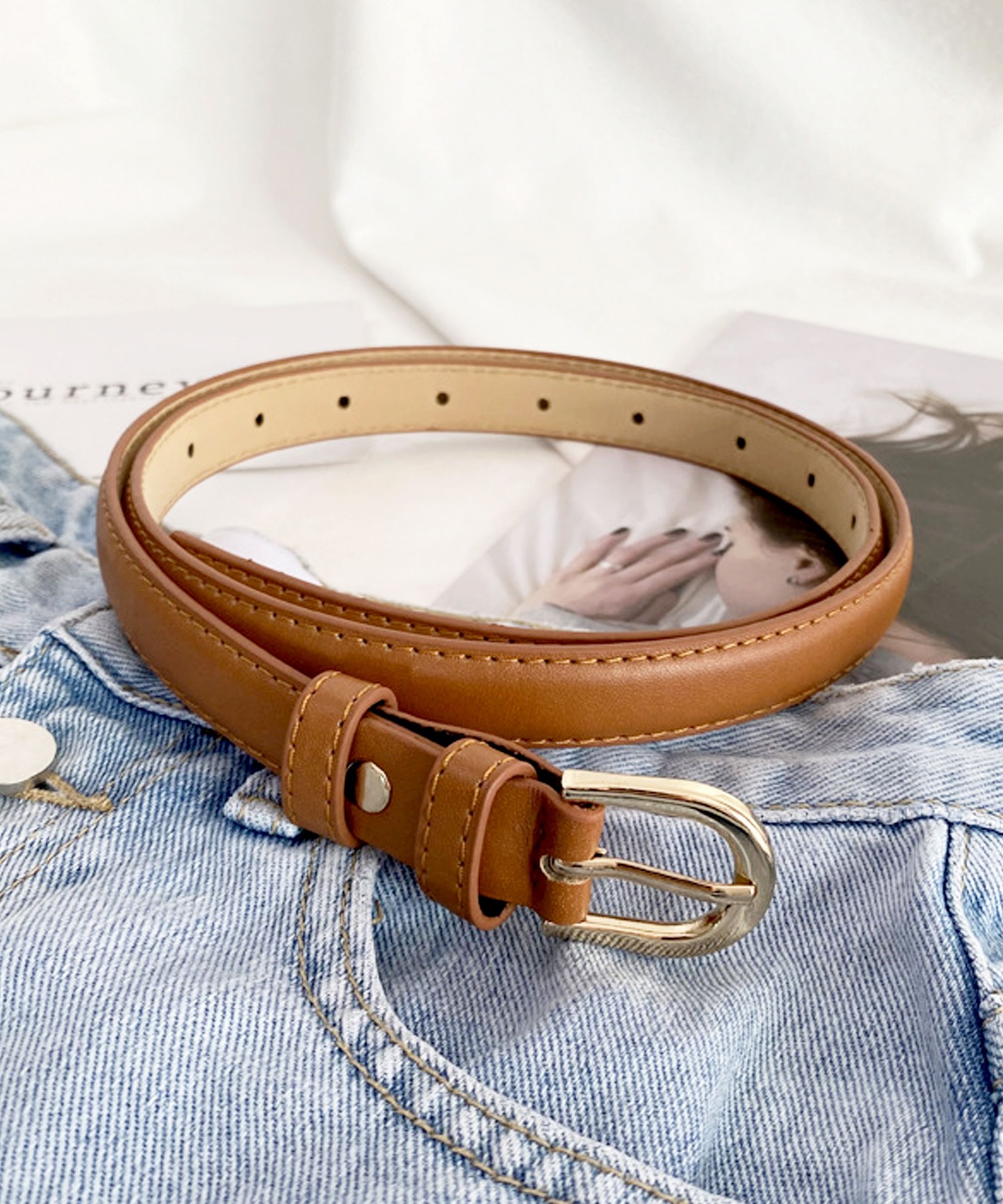 ベルト レディース PUレザー 細 ラウンド バックル 細め 通勤 通学