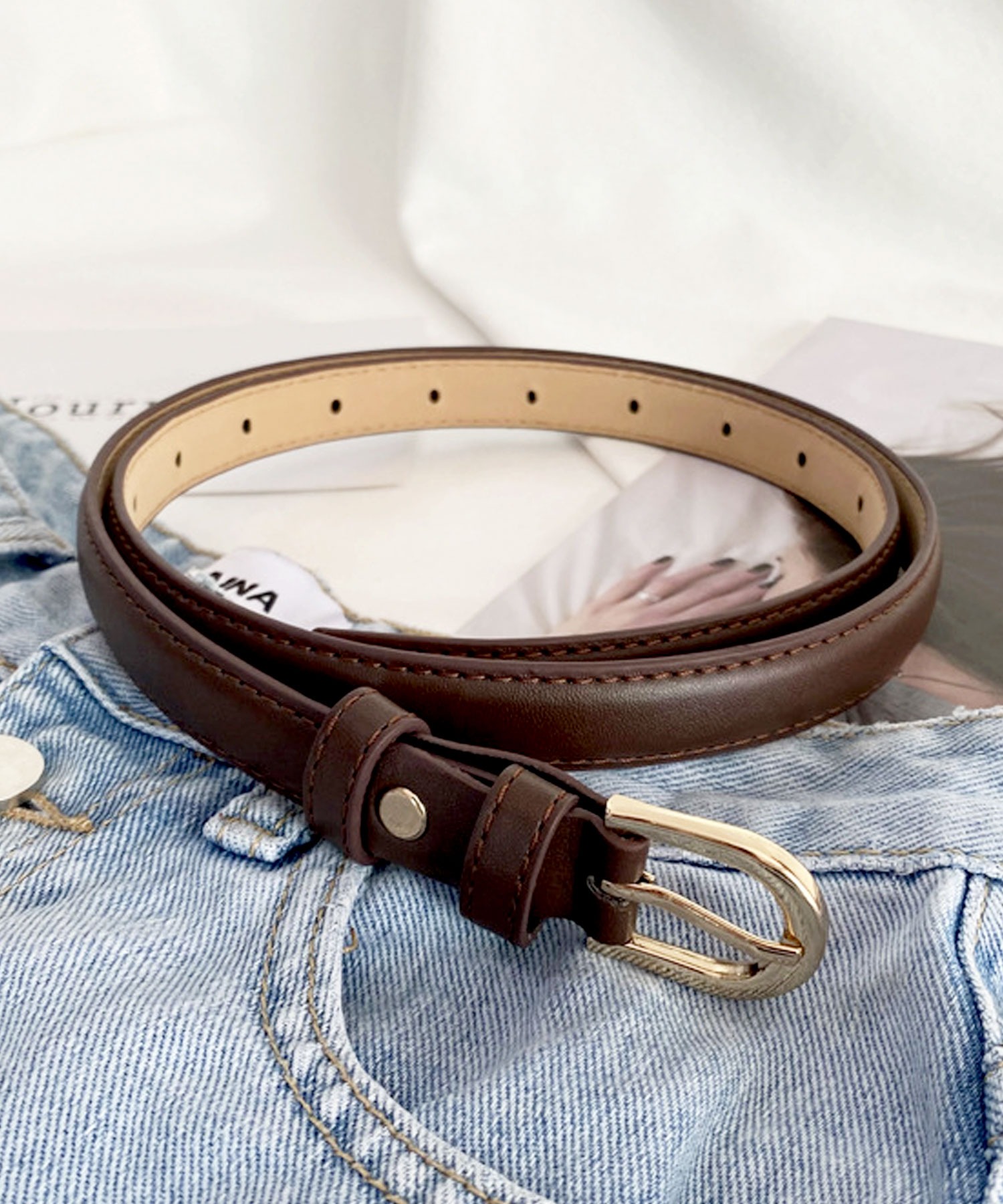 ベルト レディース PUレザー 細 ラウンド バックル 細め 通勤 通学