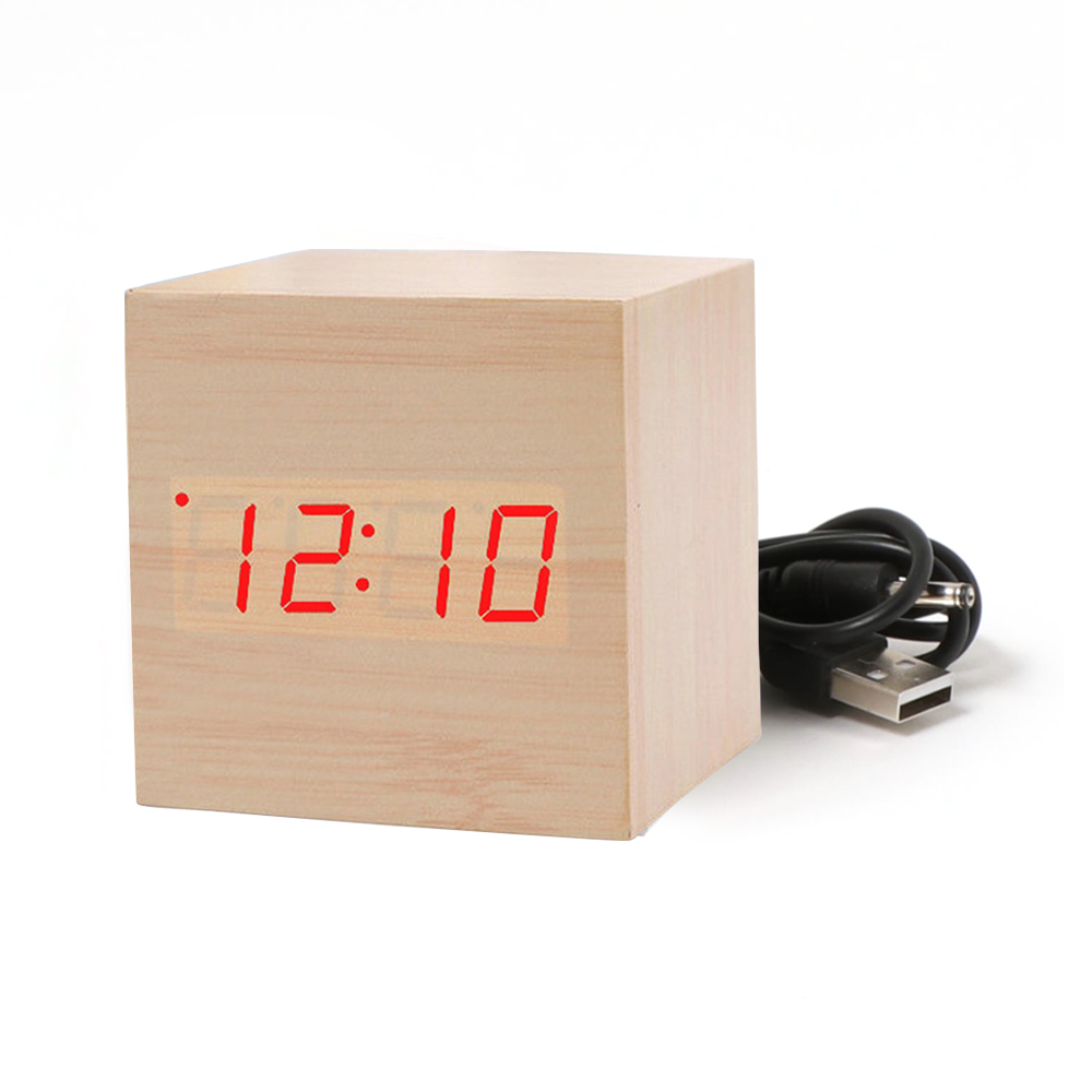 置き時計 デジタル 時計 多機能 LED ウッド キューブ クロック USB 
