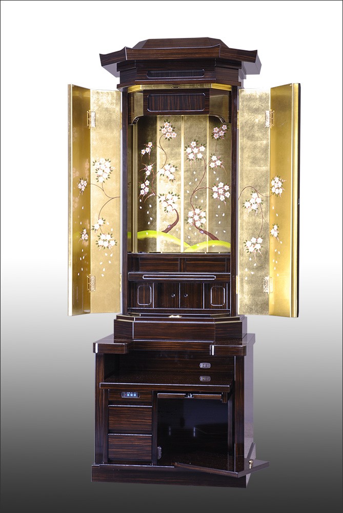 [未使用品]アンティーク美術品　黒檀製金箔装飾6点セット 仏具セット 6具足 真鍮製 DC 花鳥模様付 六具足 3.5号 色付 （黒