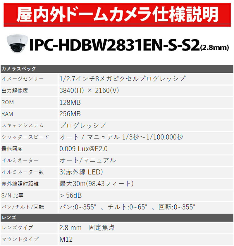 Dahua 防犯カメラ IPC-HDBW2831EN-S-S2 屋内屋外 IP 800万画素 4K レンズサイズ2.8mm ドーム型 PoE ロゴなし_1