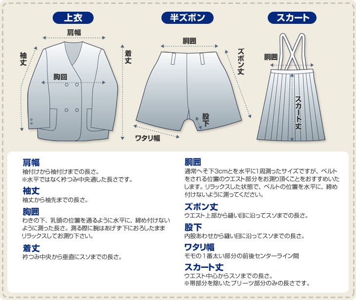 学生服のサイズ表記名称