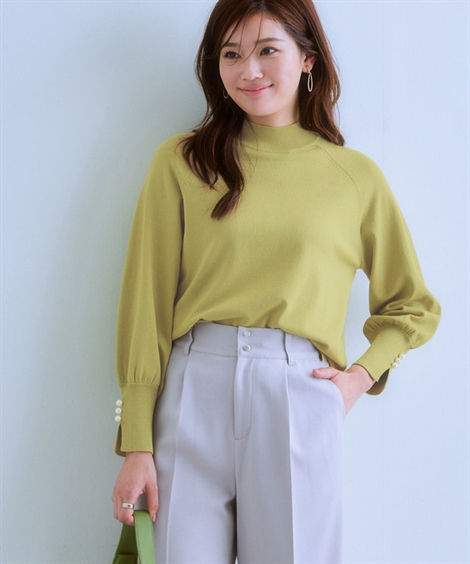 レディース トップス 洗える 袖スリット パール調ボタン モックネック