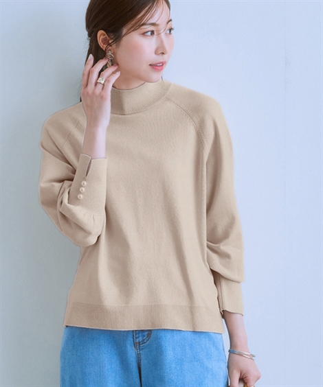 レディース トップス 洗える 袖スリット パール調ボタン モックネック