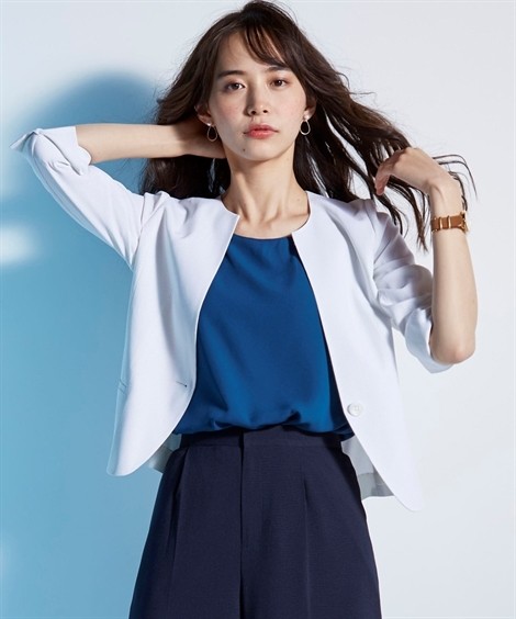 スーツ レディース 吸汗速乾 ストレッチ コードレーン 7分袖 ノーカラー ジャケット 上下別売り 夏 S M L Ll 3l ニッセン Nissen Zzy4318b22 ニッセンyahoo 店 通販 Yahoo ショッピング