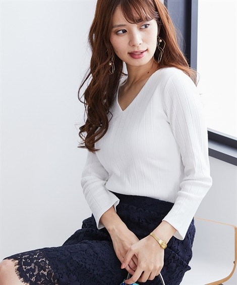 Tシャツ カットソー レディース 透け対策 前身頃 2枚仕立て ランダムリブ Vネック 8分袖 プルオーバー M L ニッセン Nissen Zzy43d23 ニッセンyahoo 店 通販 Yahoo ショッピング