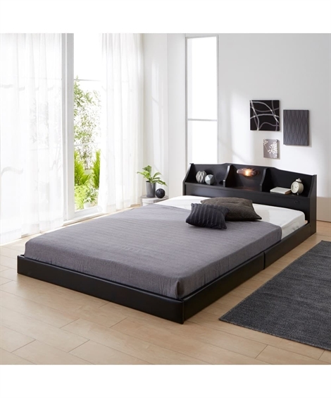 ベッド 棚 コンセント 照明 付き合皮張りロー セミダブルフレームのみ  