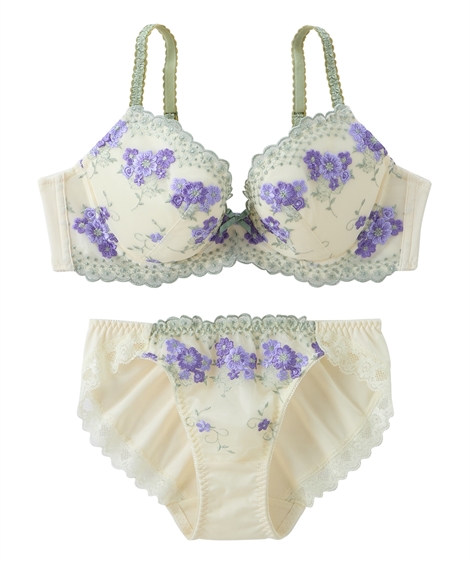  ★ブラジャー＆ショーツ★ 小花×ギャザーシフォンリフト ノンワイヤーブラジャー・ショーツ