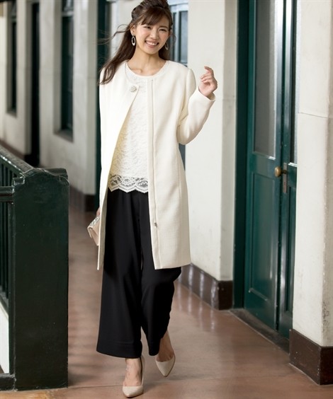 スーツ セレモニー レディース フォーマル 3点セット ノーカラー コート ブローチ付 レース ブラウス カットソー 9分丈ワイド パンツ ニッセン Nissen ニッセン Paypayモール店 通販 Paypayモール