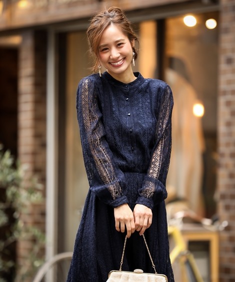 46 割引8l ネイビー ブルーグレー 黒21春大特価セール ドレス パーティー 大きいサイズ レディース 前開き ボタン スタンドカラー 総レース ワンピース 結婚式 二次会 お呼ばれ対応 8l ニッセン Nissen ドレス ブライダル レディースファッション ファッション8l