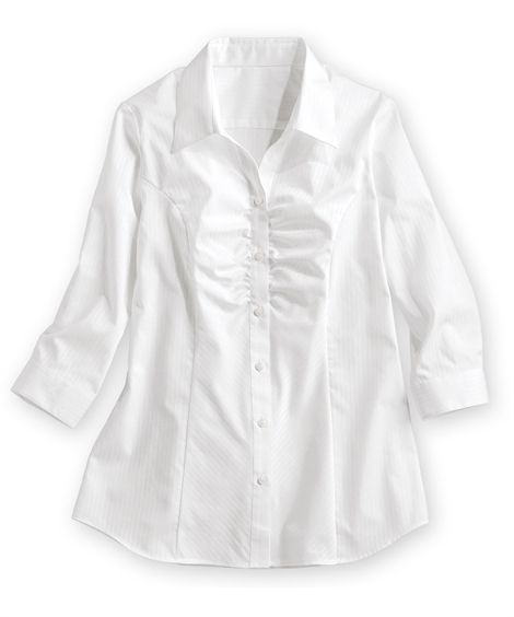 レディース 形態安定ドビー織胸ギャザー7分袖 シャツ ゆったりバスト オフィス スーツ S/M/L ...