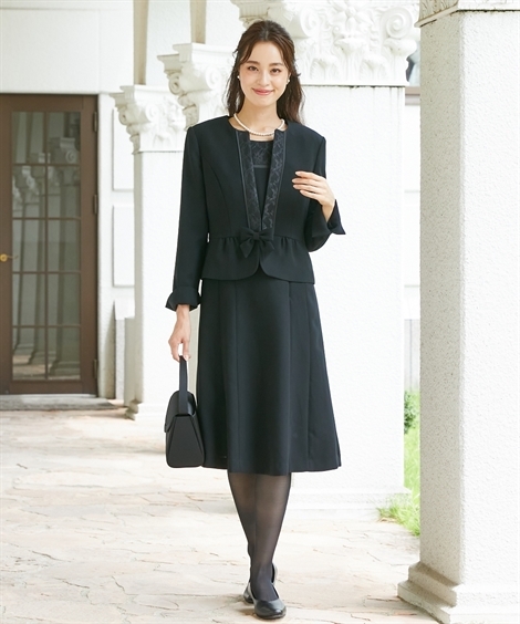 円 87 以上節約 大きいサイズ レディース 喪服 飾りリボン付き レース ノーカラー アンサンブル ジャケット ヨーク切替 前開き ワンピース オールシーズン ニッセン Nissen