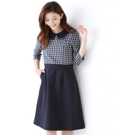 ットも 事務服 黒 ネイビーチェック柄 ネイビー ニッセン Nissen ニッセン Paypayモール店 通販 Paypayモール ワンピース レディース 七分袖 洗える オフィス 仕事 スーツ M L グレンチェック柄 タイプのか