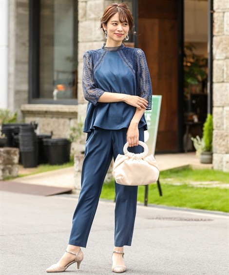 ドライクリ ドレス お呼ばれ セミ フォーマル ニッセン Nissen ニッセン Paypayモール店 通販 Paypay パーティー レディース はしご レーススタンド カラー テーパード パンツ セットアップ 結婚式 二次会 ダークブル