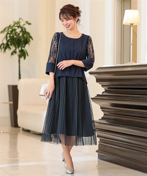 ドレス パーティー レディース チュール スカート使い 袖 レース ワンピース 結婚式 二次会 お呼ばれ対応 S M L ニッセン Nissen ニッセン Paypayモール店 通販 Paypayモール