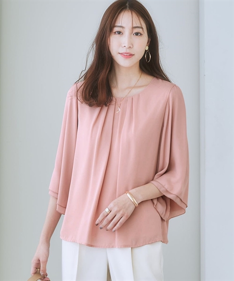 ✼美品✼ エストネーション 華奢見え とろみ パイピング フレア袖 ブラウス ニッセン レディース 大きい胸専用 タック入 フレア 2枚袖