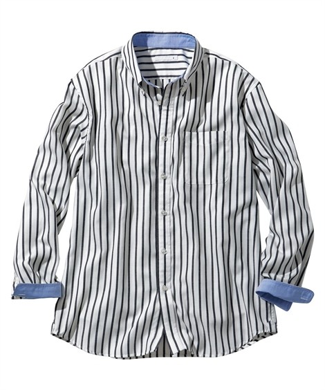 トップス・ワイシャツ|形態安定ストライプ長袖ボタンダウンシャツ（肩まわり・お腹ゆったり）（消臭テープ付） ニッセン nissen(オフホワイト系)