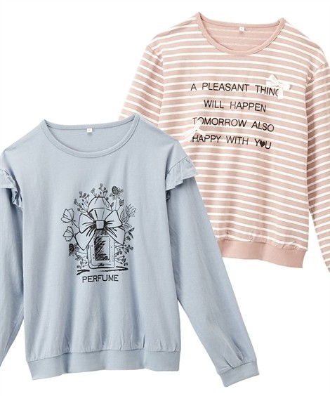 トップス・チュニック|デザインプリントTシャツ２枚組（女の子　子供服・ジュニア服） ニッセン nissen(ブルーグレー+スモーキーピンク)