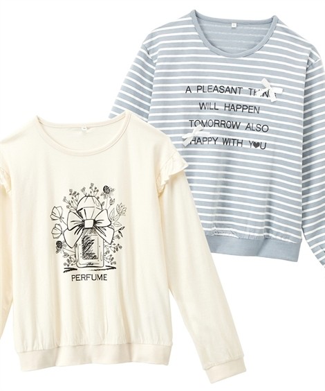 トップス・チュニック|デザインプリントTシャツ２枚組（女の子　子供服・ジュニア服） ニッセン nissen(アイボリー+ブルーグレー)