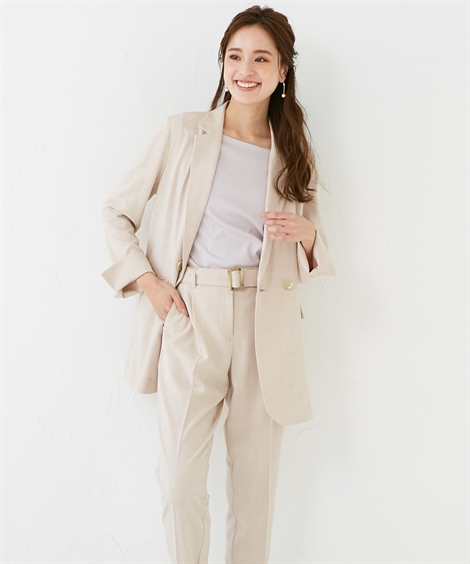 なリネンラ スーツ テーパード S M L ニッセン Nissen ニッセン Paypayモール店 通販 Paypayモール パンツ レディース リネンライク素材 ダブルブレスト ジャケット テーラード 共布 ベルト付 サイズ