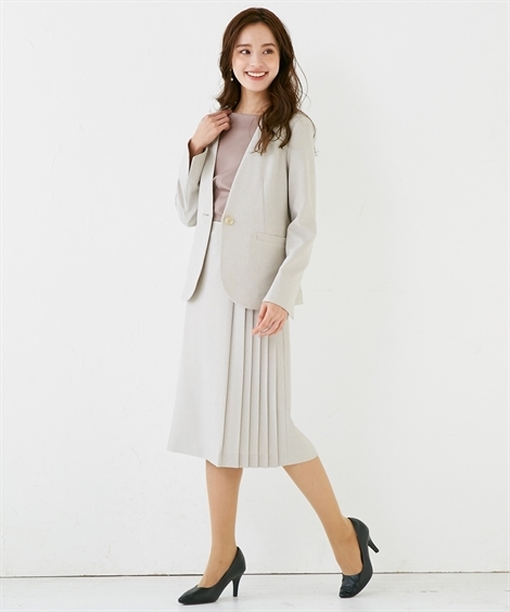 スーツ S M L ニッセン Nissen ニッセン Paypayモール店 通販 Paypayモール スカート レディース リネンライク素材 ノーカラー ジャケット サイド プリーツ入 セミフレア 在庫あ在庫 Xperium Ai