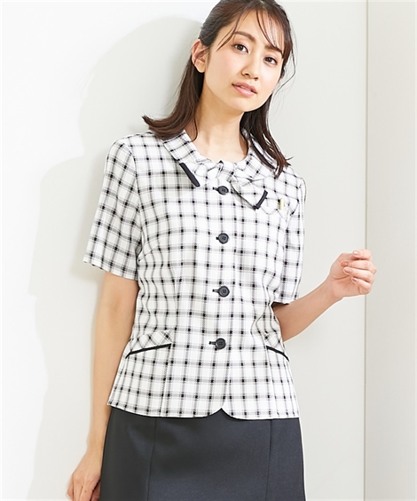 事務服・会社制服|【事務服】リボンデザインオーバーブラウス（接触冷感・吸汗速乾・消臭テープ付） ニッセン nissen(オフホワイト系チェック柄)