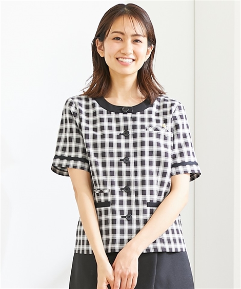 事務服・会社制服|【事務服】ノーカラーオーバーブラウス（接触冷感・吸汗速乾・消臭テープ付） ニッセン nissen(黒系チェック柄)