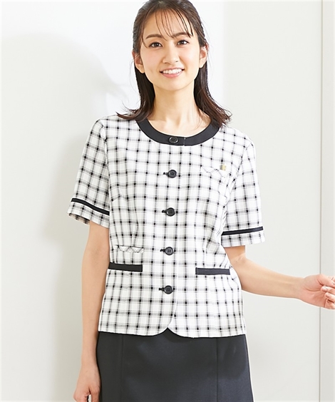 事務服・会社制服|【事務服】ノーカラーオーバーブラウス（接触冷感・吸汗速乾・消臭テープ付） ニッセン nissen(オフホワイト系チェック柄)